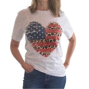 American Flag Leopard Heart Graphic T-Shirt